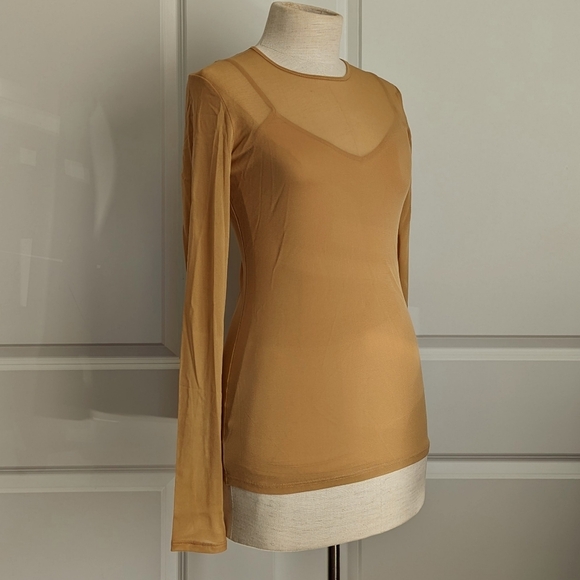 Vince Layered Top Sheer Mesh Crew Neck With V-Neck Camisole Pale Walnut M NWT - Picture 1 of 15